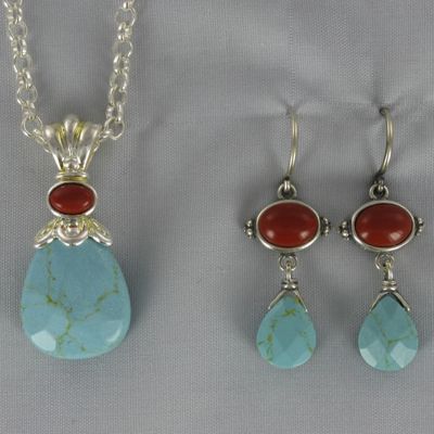Turquoise and Coral Pendant and Earrings