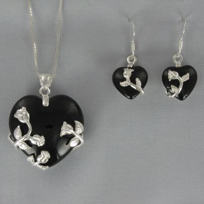 Onyx Heart Pendant and Earring Set