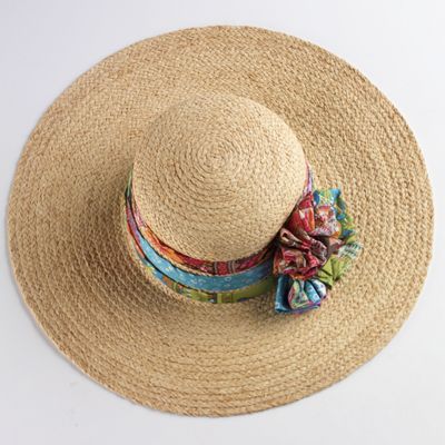 Hat With Fabric Rosette Raffia