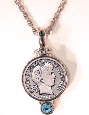 Silver Barber Dime Pendant With Aqua Crystal