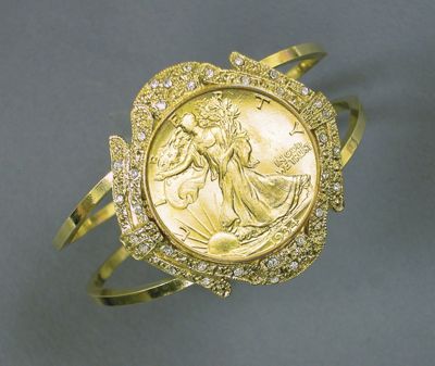 Gold layered Silver Walking Liberty Half Dollar Cuff Bracelet