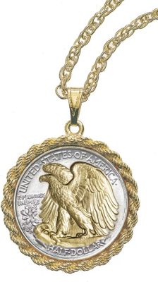 Selectively Gold layered Silver Walking Liberty Half Dollar Rope Pendant