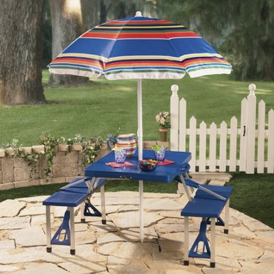 Portable Picnic Table and Multicolored Umbrella