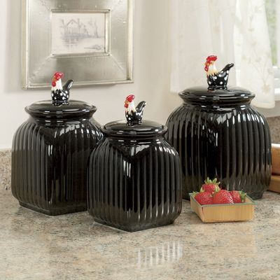 Set de 3 potes negros, c/gallos