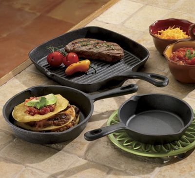 Pre Seasoned Cast Iron Grill/Fry Pans, 3-Piece Set