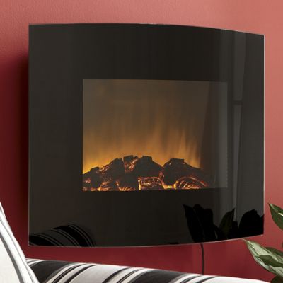 Curved Black Glass Wall Fireplace With Remote