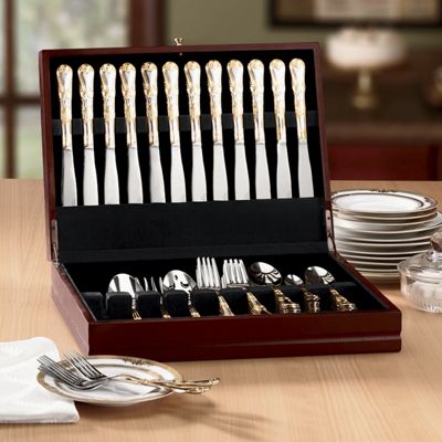 77 pc Gold accented Margaux Flatware With Personalized Chest