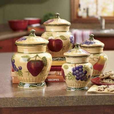 Set Of 4 Hand painted European Fruit Canisters