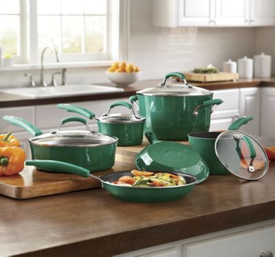 10 piece Aluminum Cookware With Porcelain Enamel Exterior By Rachael Ray