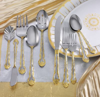45 piece gold accent rose cascade flatware set
