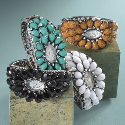 faceted faux stone hinged bangle watch