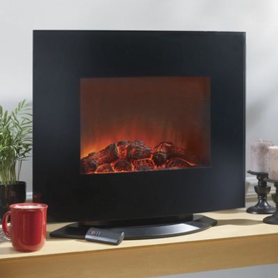 Curved Black Glass Wall Fireplace With Stand