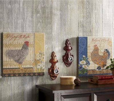 set of 2 rooster linen plaques
