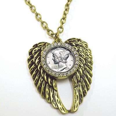 Mercury Dime Rhinestone Wing Pendant