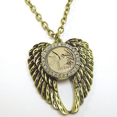 Gold layered Hummingbird Coin Rhinestone Wing Pendant