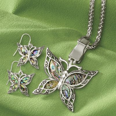 abalone shell butterfly pendant and earrings set