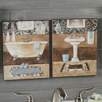 set of 2 vintage blue bathroom plaques