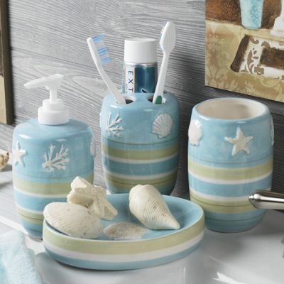 4 piece reef stripe bathroom accessory set