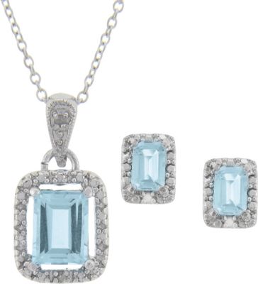 Blue Topaz and Diamond Rectangle Pendant and Earrings