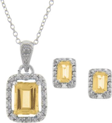 Citrine and Diamond Rectangle Pendant and Earrings