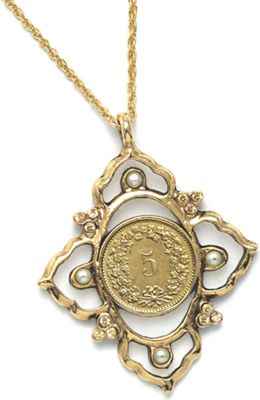 Victorian Inspired Swiss Coin Pendant W glass Pearls