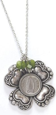 Irish 3pence 4leaf Clover Green Heart Charm Pendant