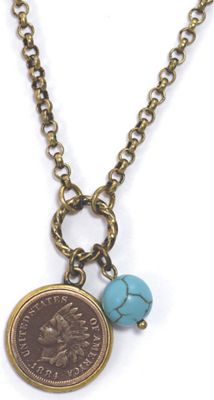 Indianhead Cent W turquoise Bead Coppertone Pendant