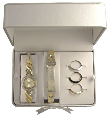 two tone watch with nterchangeable bezel name bracelet set