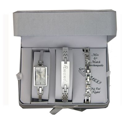 silvertone watch name bracelet with extra interchangeable strap