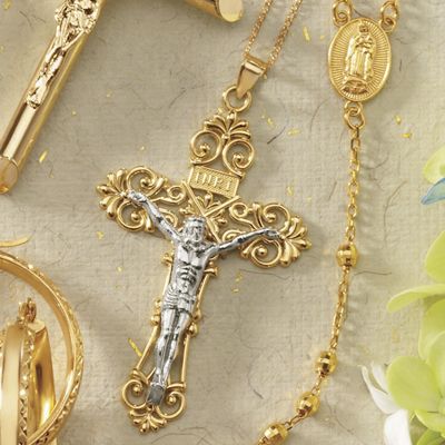 colgante de crucifijo de desplazamiento de dos tonos