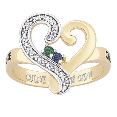personalized scrolled heart birthstone ring with diamond accents