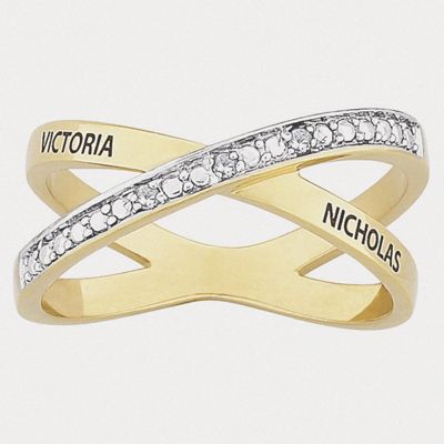 personalized crossover ring with diamond accents