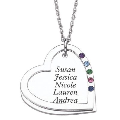 family heart name simulated birthstone pendant