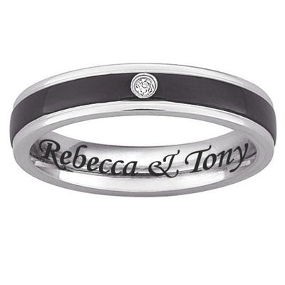 black silvertone stainless steel message band with cubic zirconias
