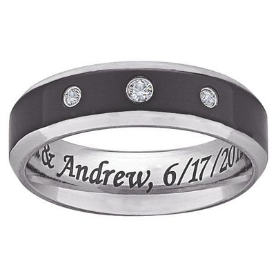 black titanium message ring with cubic zirconias