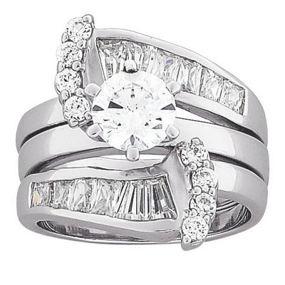 platinum over sterling silver round baguette bridal set