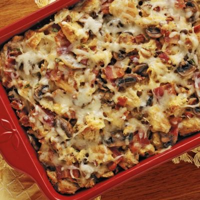 Wisconsin Swiss and Croissant Casserole with Bacon and Mushrooms