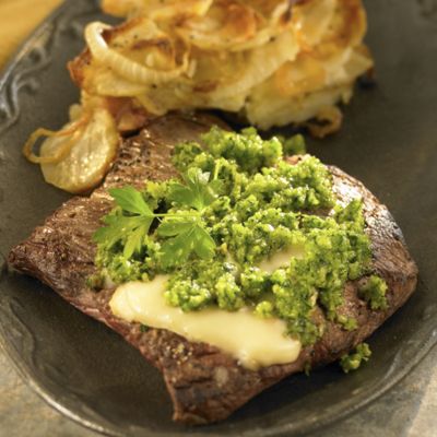 Skirt Steak with a Wisconsin Limburger Cheese Melt Caramelized Onions and Potato Pie