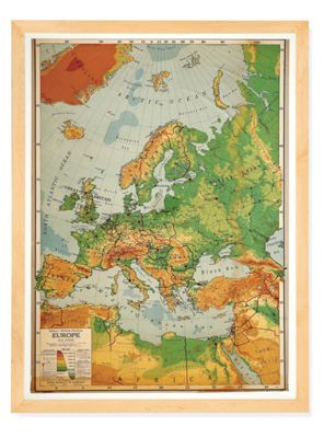 Vintage Large School Map with Maple Frame