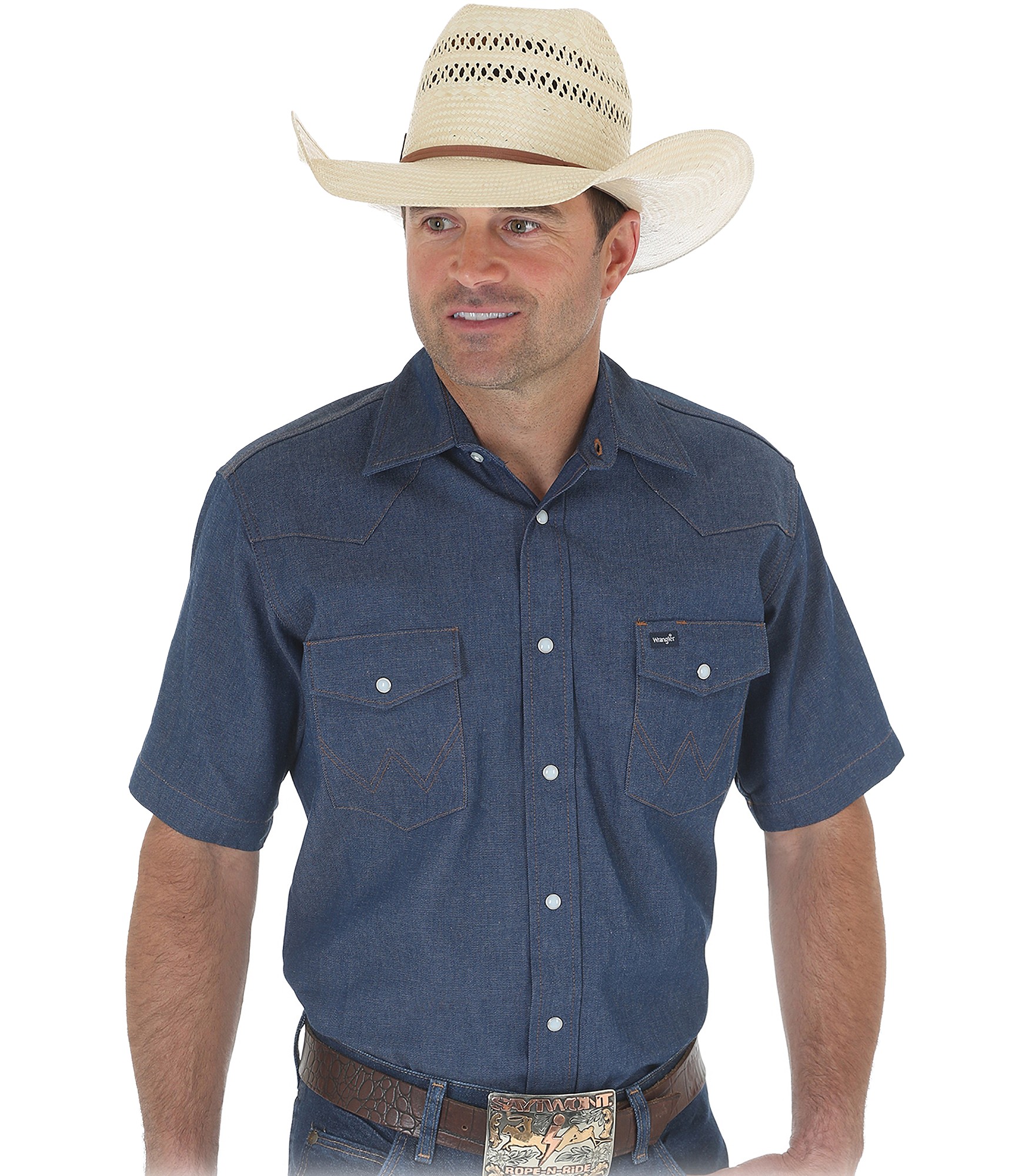 AMP_US_employee | Wrangler Cowboy Cut® Firm Finish Denim Short Sleeve Work Western  Shirt