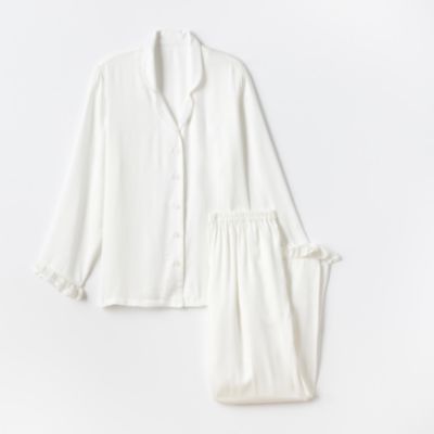 Ruffle Sateen Long Pajamas