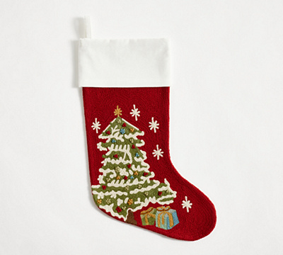 Red Christmas Tree Crewel Stocking - Christmas Tree, Red