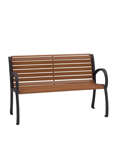 outdoor faux wood slat bench with back and arms