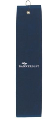 Navy golf towel with grommet and hook, soft cotton fabric, ideal for cleaning clubs and hands.
