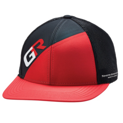 A red and black Toyota Gazoo Racing cap with a mesh back and the ""GR"" logo on the front.