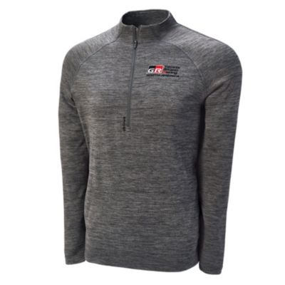 A gray, long-sleeve, quarter-zip pullover with a high collar. The pullover has a subtle heathered texture and left chest embroidery with the GR logo 