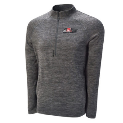 A gray, long-sleeve, quarter-zip pullover with a high collar. The pullover has a subtle heathered texture and left chest embroidery with the GR logo 