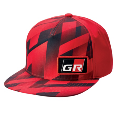 A red and black geometric patterned baseball cap with a flat brim. The front of the cap features a rectangular patch with the letters ""GR"" in white and red on a black background.