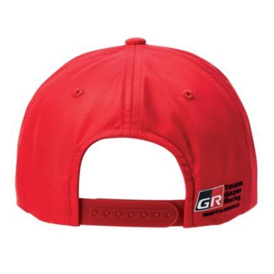 Back view of a red baseball cap featuring an adjustable strap and a patch on the right side with the text 'GR' and 'Toyota Gazoo Racing'