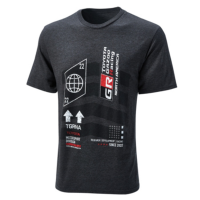 A black T-shirt with white and red graphic designs, including a globe inside a hexagon, arrows, and various texts like ""TOYOTA GAZOO RACING"" and ""GR.""